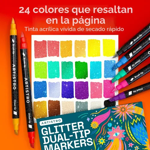 Vista 2 de ARTISTRO 24 bolígrafos de pintura de doble punta con purpurina brillante, marcadores deslumbrantes con tinta acrílica para piedra, cerámica, madera