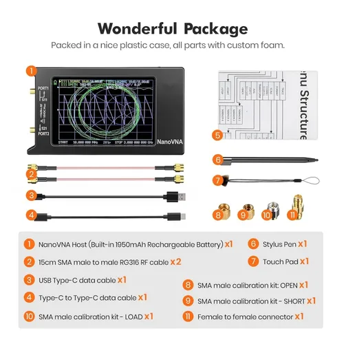Vista 8 de Spectrum Analyzer, NanoVNA-H4 4inch Vector Network Analyzer 10k-1.5GHz HF VHF UHF Antenna Version 4.3 with SD Card Slot