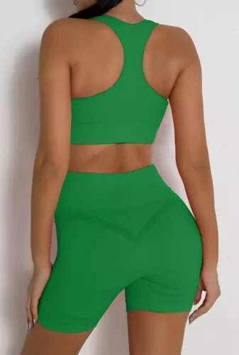 Vista 3 de fatty tiger Conjuntos de entrenamiento acanalados para mujer, 2 piezas, trajes de gimnasio, ombligueras, pantalones cortos de cintura alta