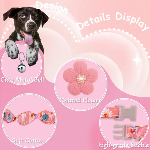 Vista 2 de Collar para perro mediano con flor, collares de perro para perros medianos Collar para niña Collar de perro lindo con campana, longitud ajustable
