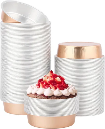 Vista 30 de Beasea Paquete de 100 moldes desechables para hornear de 4 pulgadas, 7.3 onzas, 7.3 fl oz / 215ml, papel de aluminio, mini ramequín sin tapas