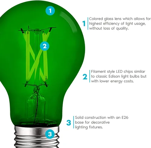 Vista 4 de LUXRITE Bombilla LED A19 Edison verde, 4.5 W (equivalente a 60 W), filamento de vidrio de color, certificación UL, base estándar E26