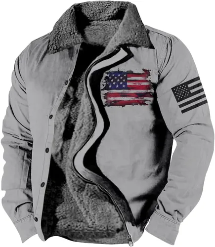 Vista 19 de LOAIHA Chaqueta de invierno para hombre, chaqueta de bandera estadounidense, abrigos occidentales para hombre, con cremallera, forro polar cálido