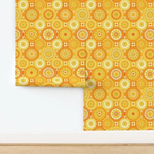 Vista 4 de Papel tapiz para despegar y pegar, azulejos circulares, flores amarillas, retro, naranja, geométrico, de los años 70, 60, vintage, extraíble, por