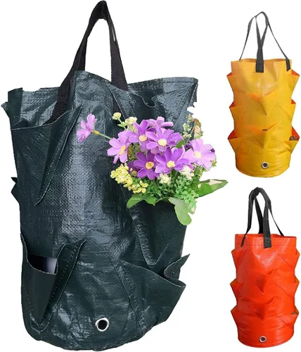 Vista 6 de 3 piezas de bolsas colgantes para macetas con asas, contenedores colgantes de plástico para plantación de fresas, bolsas de cultivo plegables