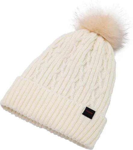 Vista 5 de Sombreros de invierno para mujer, gorro de punto con forro polar cálido, pompón de piel sintética extraíble