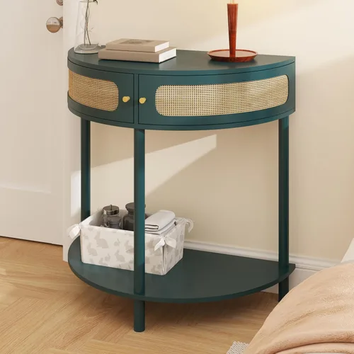 Vista 21 de Knocbel Mesa consola Half Moon con puerta con patrón de ondas, mesa auxiliar de sofá semicírculo con 2 cajones de almacenamiento y estante inferior