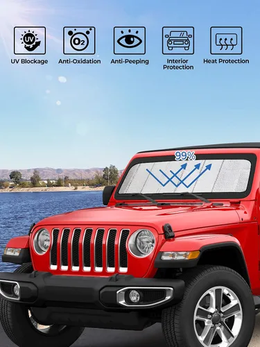 Vista 2 de Parasol mejorado para parabrisas compatible con Wrangler JL y Gladiator JT, parasol plegable que bloquea los rayos UV, protector de protección solar