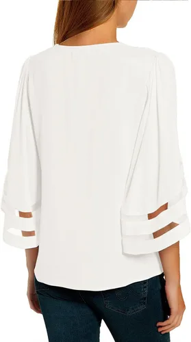 Vista 2 de LookbookStore - Blusa casual de panel de malla con cuello en V y manga acampanada 34 para mujer