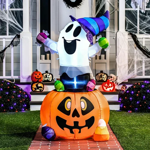Vista 4 de Joiedomi Fantasma inflable de Halloween de 5 pies de alto para decoración al aire libre, fantasma inflable de caramelo en calabaza con luces LED