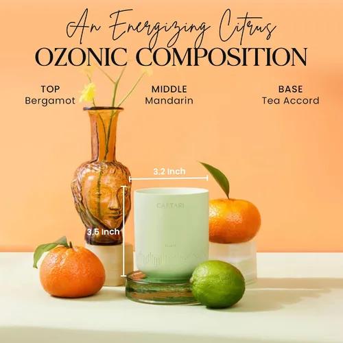 Vista 2 de CAFTARI Vela de Aromaterapia de Lujo Perfumada con Bergamota, Mandarina y Acorde de Té 60 Horas de Combustión Cera Limpia de Coco y Soja