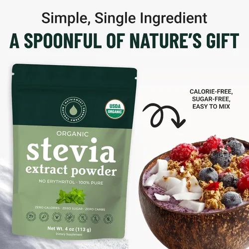 Vista 5 de Polvo de stevia orgánico, edulcorante de stevia 100% puro, 4 onzas, alternativa de azúcar de bajo índice glucémico, edulcorante en polvo