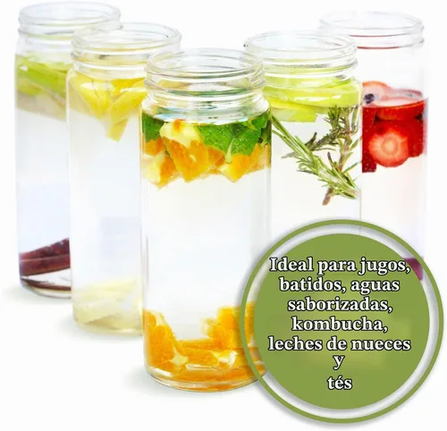 Vista 3 de All About Juicing Juego de 6 botellas de agua de vidrio transparente, boca ancha con tapas para jugos, batidos y bebidas, 16 onzas, duraderas Tapas