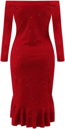 Vista 3 de Vestido midi con lentejuelas y purpurina para mujer, con hombros descubiertos, dividido, talla grande, ajustado, formal, para noche, cóctel, baile