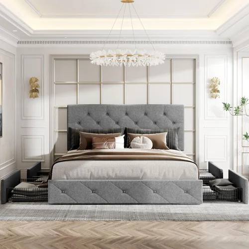 Vista 4 de HOOMIC Base de cama de almacenamiento de plataforma de tamaño matrimonial con 4 cajones y cabecera ajustable, listones de madera, no necesita Gris
