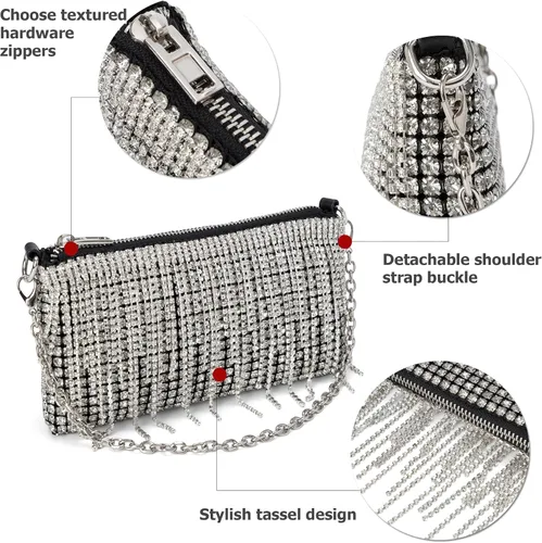 Vista 6 de Bolso cruzado de diamantes de imitación brillantes para mujer, con borla, cadena plateada, para fiesta de graduación de noche, fiesta