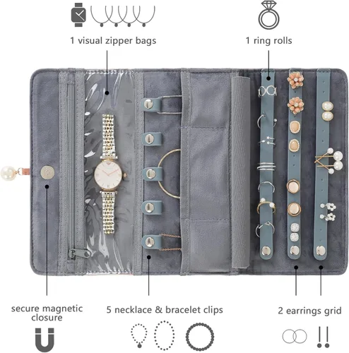 Vista 2 de HOMEHIVE Rollo organizador de joyas de viaje plegable, exquisito organizador de joyas portátil para collares de viaje, anillos, aretes, relojes