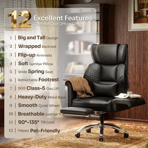 Vista 9 de Silla de oficina ergonómica con reposapiés, silla de escritorio con patas cruzadas con brazos abatibles, asiento de resorte más ancho y grueso