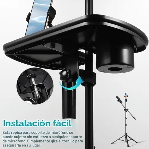 Vista 4 de Toyvian Bandeja universal para micrófono con soporte para bebidas, soporte de micrófono ajustable, soporte de teléfono para transmisión en vivo