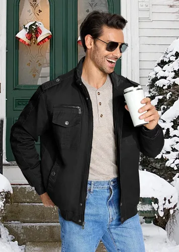 Vista 6 de EKLENTSON Chaqueta térmica gruesa de invierno para hombre con múltiples bolsillos con cremallera frontal forro polar chaqueta militar para hombre