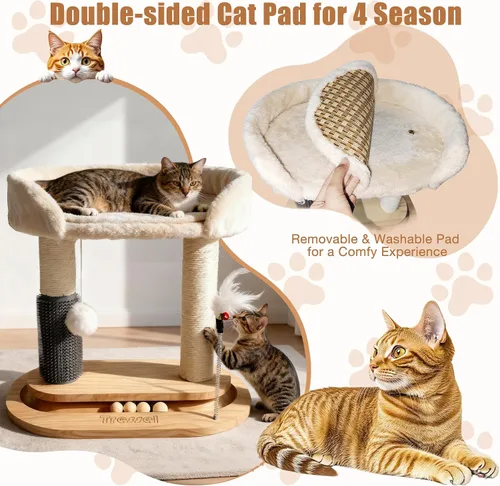 Vista 4 de Torre de árbol pequeño para gatos, poste rascador para gatos de 16.5 pulgadas de alto con cama, árbol para gatos 6 en 1 con cepillo de aseo