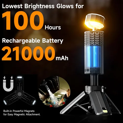 Vista 5 de Linterna de camping recargable de 21000mAh, luces de camping telescópicas, linterna de camping magnética plegable con soporte IPX6 impermeable, Negro