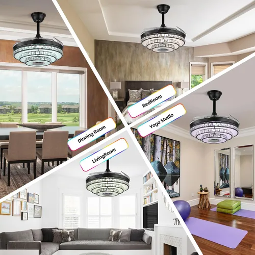 Vista 5 de Ventilador de techo inteligente tipo candelabro de 42 pulgadas con luz, ventilador de techo candelabro retráctil con altavoz Bluetooth y control