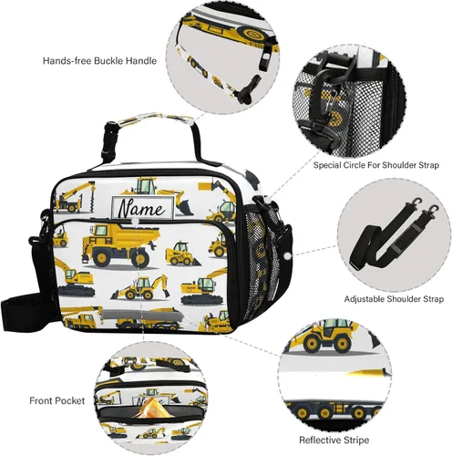Vista 3 de Bolsa de almuerzo personalizada con diseño de camiones de dibujos animados para niños y niños, bolsas de almuerzo personalizadas con tu nombre