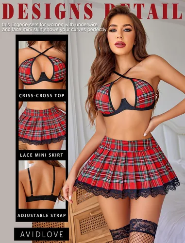 Vista 4 de Avidlove Conjunto de lencería para mujer con aros de dos piezas, conjunto de lencería sexy con minifalda plisada de encaje