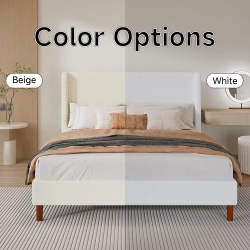 Vista 9 de Marco de cama Full Boucle, cama de plataforma con cabecera tapizada con respaldo de ala, fuerte soporte de listones de madera, sin ruido, no Beige