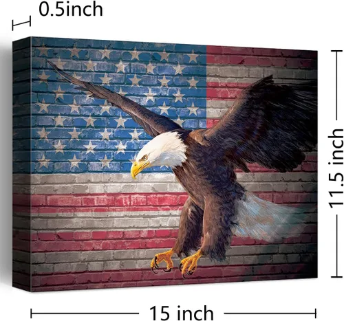 Vista 2 de Lienzo decorativo rústico de la bandera americana, lienzo de águila calva para decoración del hogar, oficina, dormitorio, impresión patriótica