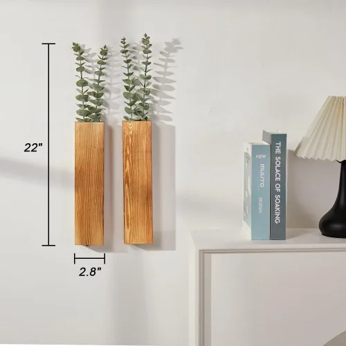 Vista 4 de Paquete de 2 macetas de pared de madera con 4 tallos de eucalipto sintético extraíbles, decoración moderna de pared de granja para sala de estar
