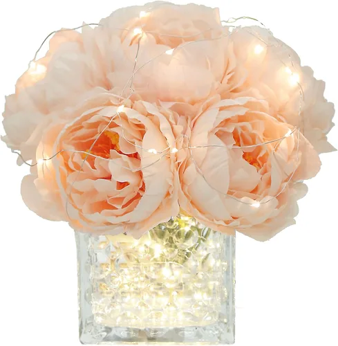 Vista 18 de Ramo de Peonías de Seda Artificial con Centro de Mesa Floral Artificial en Florero de Vidrio para Decoración de Boda en el Hogar (Rojo)