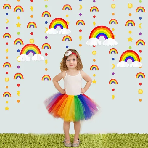 Vista 7 de Decoraciones de fiesta de arco iris, nube 3D, círculo, puntos, estrella, luna, rayo, guirnalda colorida para cumpleaños, baby shower, boda