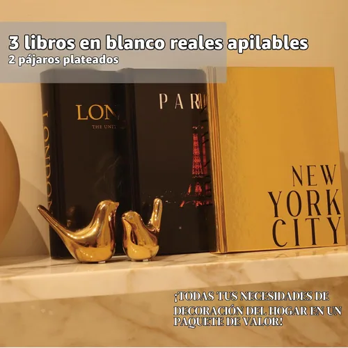 Vista 4 de Libros decorativos para decoración del hogar con pequeñas estatuas de pájaros doradas, decoración del hogar dorada, decoración de libros de mesa