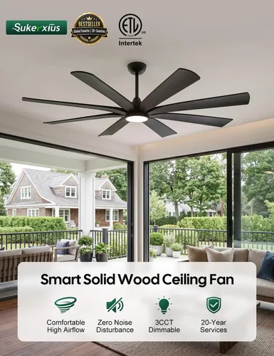 Vista 2 de 65 inch Smart Ceiling Fan with Light, 8 Black Solid Wood Blades, High CFM