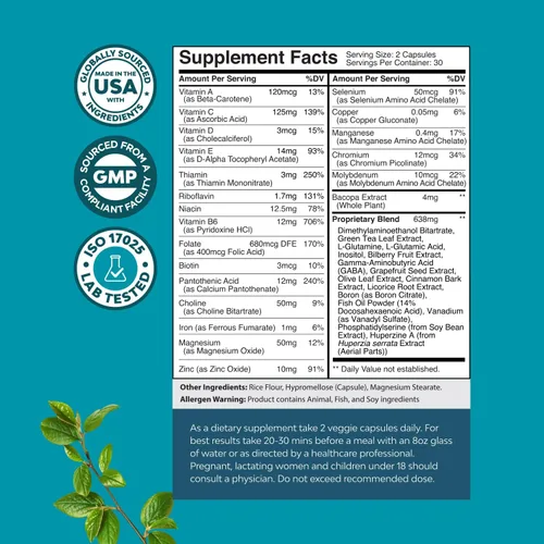 Vista 8 de Suplemento cerebral nootrópico para mejorar la memoria y el enfoque, vitaminas para la salud mental y la claridad con VIT A, B6, riboflavina
