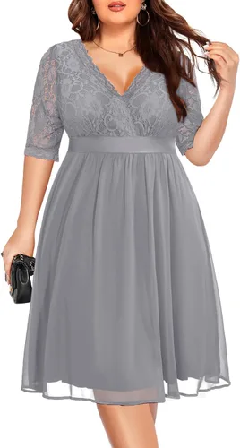 Vista 13 de Plus Size Wedding Guest Cocktail Midi Dress Lace Chiffon V Neck Wrap Negro