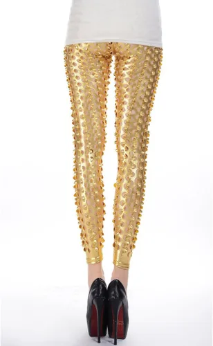 Vista 2 de Panegy Leggings punk rock para mujer, leggings huecos, pantalones ajustados digitales para fiestas