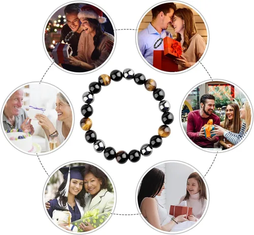 Vista 7 de HOZEAL Pulsera de triple protección, brazalete de obsidiana negra con ojo de tigre y hematita para hombres y mujeres para traer suerte