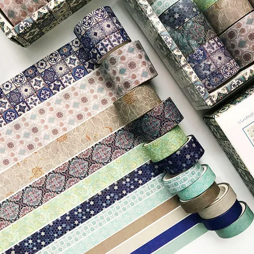 Vista 6 de CooBigo Juego de cintas Washi, 12 rollos de 4 tamaños de cintas adhesivas decorativas para manualidades, álbumes de recortes, bricolaje, Pista azul