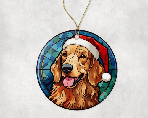 Vista 3 de Golden Retriever - Adorno de cerámica de vitral de Navidad, adorno colgante para árbol de Navidad, adorno de vitral de perro, adorno religioso