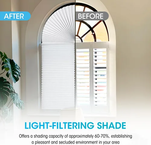 Vista 8 de Persianas plisadas con filtro de luz para ventana de arco semicírculo, 2 unidades, sombra del 60%-70%, fáciles de cortar e instalar, 72" x 36