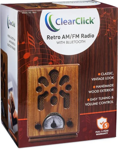 Vista 5 de ClearClick Radio AM/FM de estilo retro clásico vintage con Bluetooth - Exterior de madera hecha a mano marrón