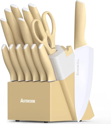 Vista 10 de Astercook Juego de cuchillos, cuchillos de cocina con bloque y afilador, revestimiento de cerámica, 15 unidades, cuchillos alemanes de acero