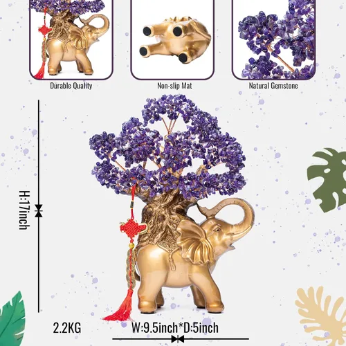 Vista 5 de Árbol de Dinero de Cristal de Amatista GEMBOURY en Estatua de Elefante Dorado, Bonsái Grande de 43 cm de Árbol de la Vida, Regalo de Decoración