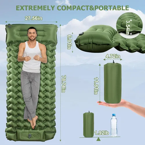 Vista 2 de Almohadilla de dormir Toncoke, almohadilla inflable extra gruesa y ultraligera con almohada, bomba de pie de 30s, colchón de camping de 3.54