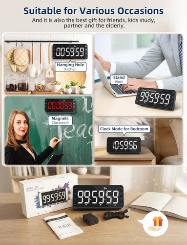 Vista 7 de Temporizador digital de cocina de 7.8 pulgadas con pantalla LED grande, temporizador de cuenta regresiva recargable magnético, 5 alarmas y 4 niveles