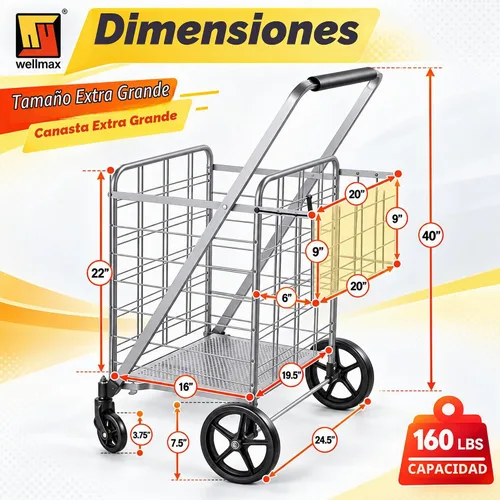 Vista 3 de Wellmax Heavy Duty Grocery Cart, Metal Folding Shopping Cart, 160 lb Max
