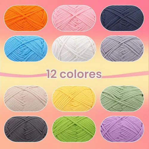 Vista 7 de 12x50g (1.43kg) Hilo de Ganchillo, Hilo para Tejer, 12x79.6m Mezcla de Algodón y Nylon Multicolor para Principiantes con Puntos Fáciles de Ver 12